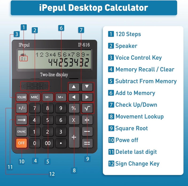 iPepul Calculators Desktop, Desk Calculator with Large 2 Line Display, Talking Basic Calculator with Big Button & Adjustable Volume, 4 Function Calculators for Business, Students, Office Supplies(Black) - Image 4